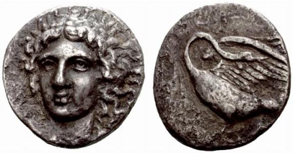 Coin showing Apollo and swan on reverse.